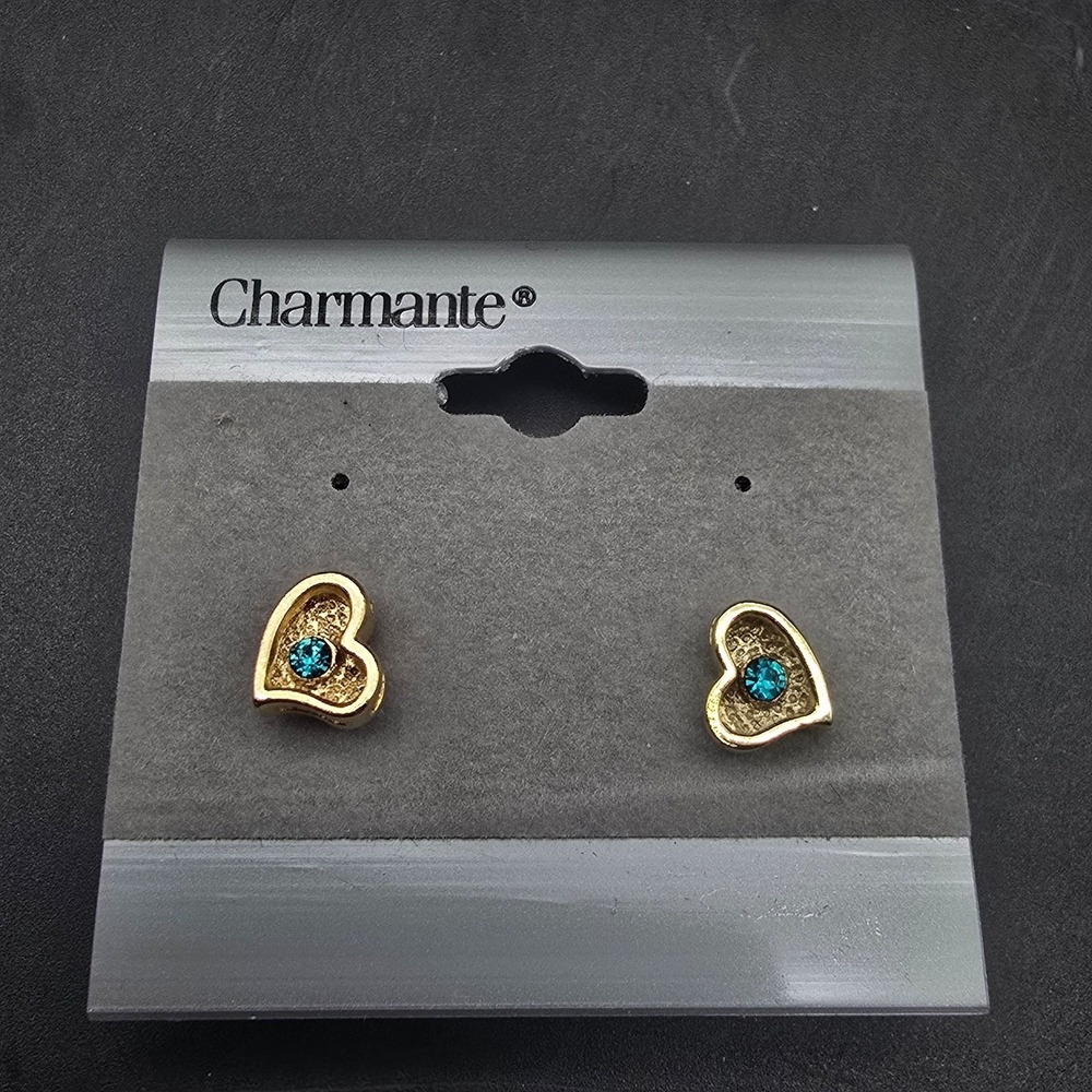 Gold Tone Heart Stud Earrings with Blue Rhinestone May Birthstone NOS